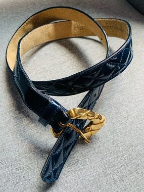 Vintage MILOR Patent Leather Belt Navy Blue Quilted Design Gold Hardware EUC